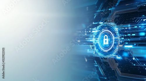 Obraz na płótnie A futuristic digital lock symbol signifies cybersecurity and data protection, surrounded by abstract technology patterns. Ideal for themes of security, privacy, and innovation. w salonie