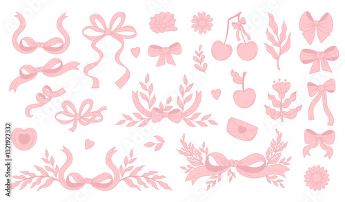 Vintage coquette aesthetic pink ribbon bow with plants, cherry, heart and shell set. Romantic girly vibe. Vector illustration. Isolated Trendy elements perfect for designs, invitations and decoration