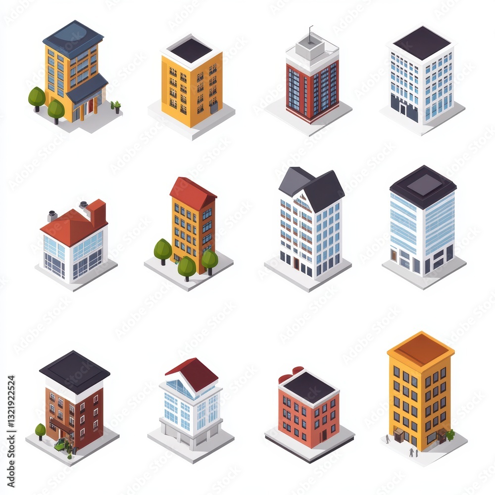 Isometric vector of different modern buildings, including skyscrapers and residential apartments. Isometric vector of different modern buildings, including skyscrapers and residential apartments.