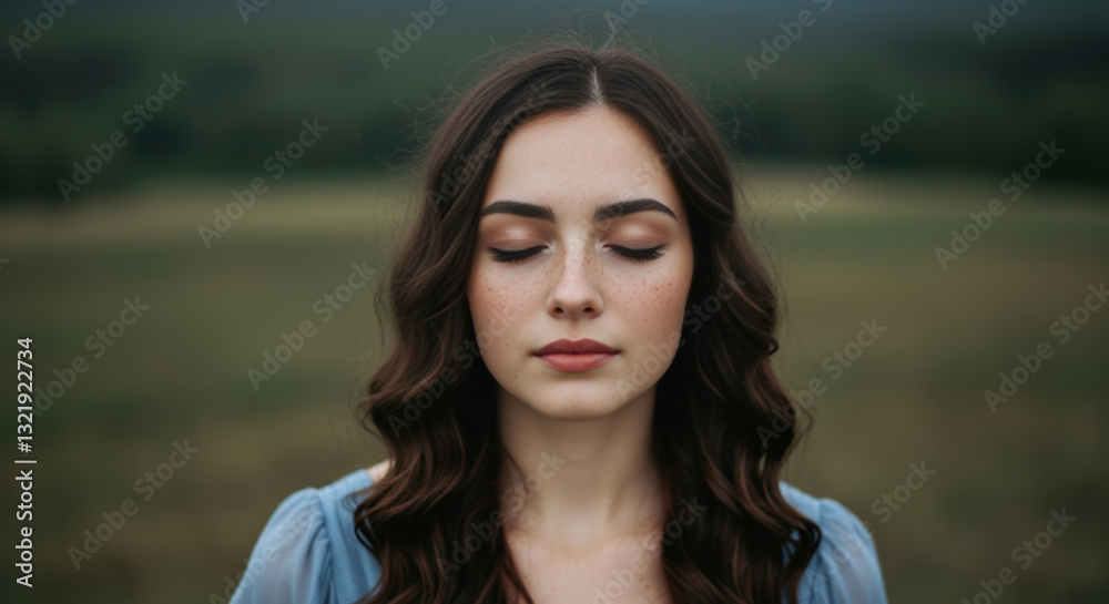 Fototapeta premium A delicate portrait of a woman with closed eyes, showcasing soft, natural features against a beautifully blurred backdrop.