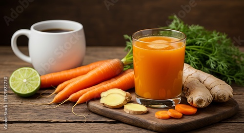 Rustic Morning Fresh Carrot & Ginger Juice with Raw Ingredients photo