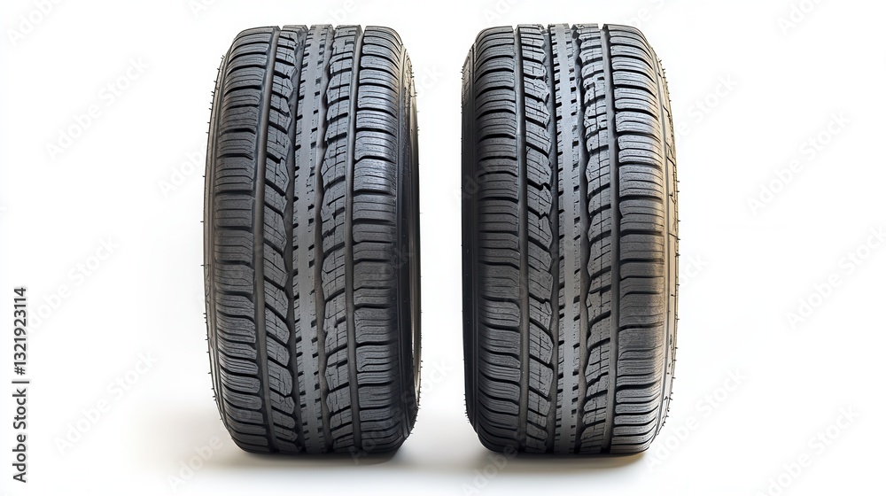 Close-up view of two car tires displaying tread patterns on a clean white background Close-up view of two car tires displaying tread patterns on a clean white background