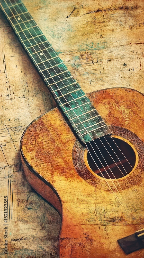 Obraz premium An acoustic guitar rests on a weathered wooden background surface