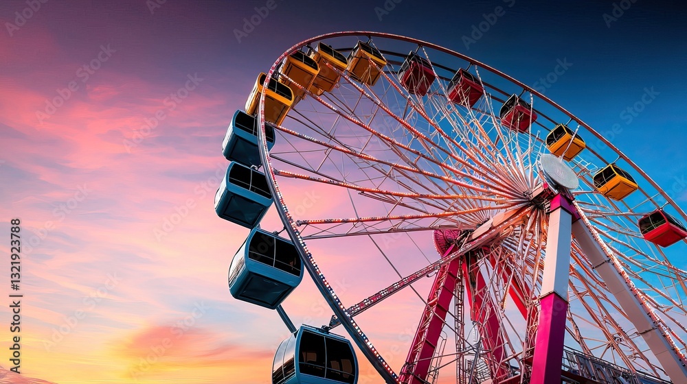 Fototapeta premium Colorful Ferris wheel against a vibrant sunset sky.