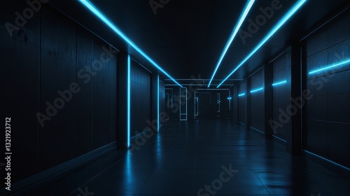 Three dimensional render of dark futuristic corridor illuminated by blue neon lights 