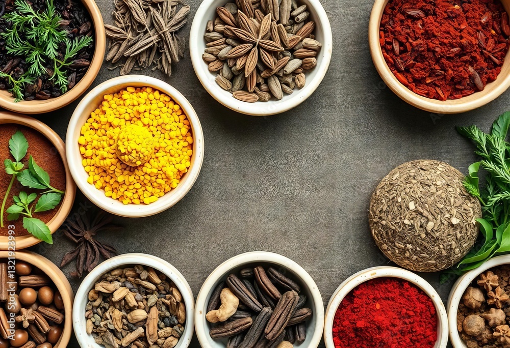 Fototapeta premium Assortment of dried herbs and spices in bowls, bowl, cloves