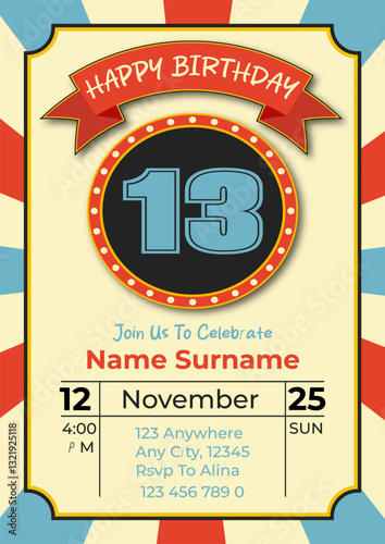 Cinematic birthday Invitation card template theme. 13th Kids' Movie Party Card