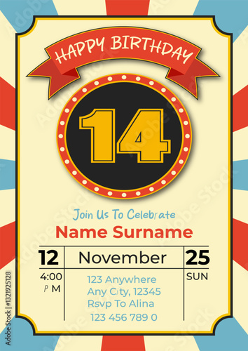 Cinematic birthday Invitation card template theme. 14th Kids' Movie Party Card