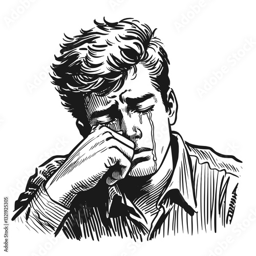 Emotional boy in tears cry boy black and white line art drawing ink sketch sad vector hand drawn illustration background