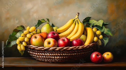 A vibrant still-life painting of a woven basket filled with various fruits, including bananas, apples, and grapes, set against a soft, muted background.