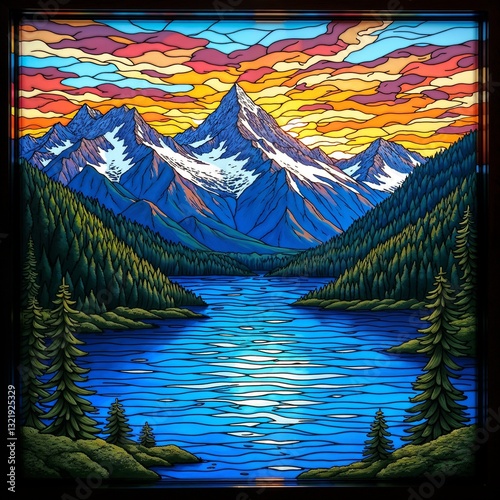 Mountain Lake Stained-Glass Sunset Scene