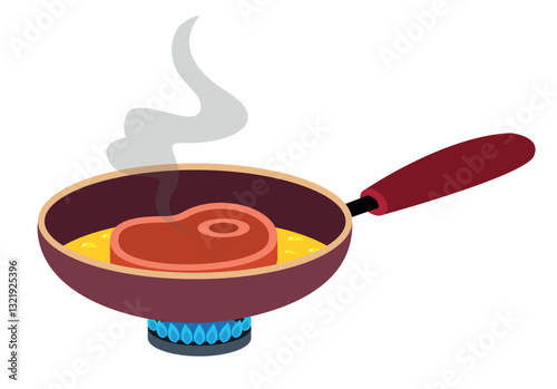 Pan fry meat and boiling oil on a gas burner. A simple icon of meat cooking in a frying pan