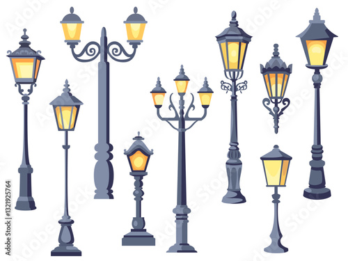 Vintage street lamps. Old city park light sources, cast iron forging elements, retro style gas lanterns, classic illumination gothic style, cartoon flat isolated illustration, decent vector set