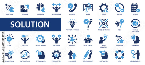 Solution flat icons set. Alternative, problem, resolve, define, answer, issue, goal, success icons and more signs. Flat icon collection.