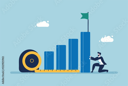 Measure success, growth or KPI, key performance indicator to compare with benchmark, growing progress, improvement or evaluation concept, businessman measure success growth graph with measuring tape.