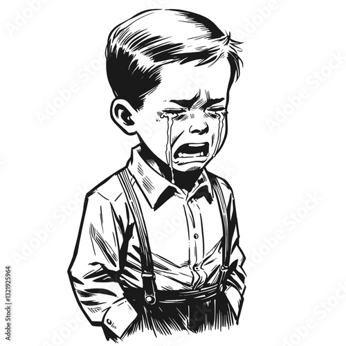 A boy with tears in his eyes cry little boy black and white line art drawing ink sketch sad vector hand drawn illustration background