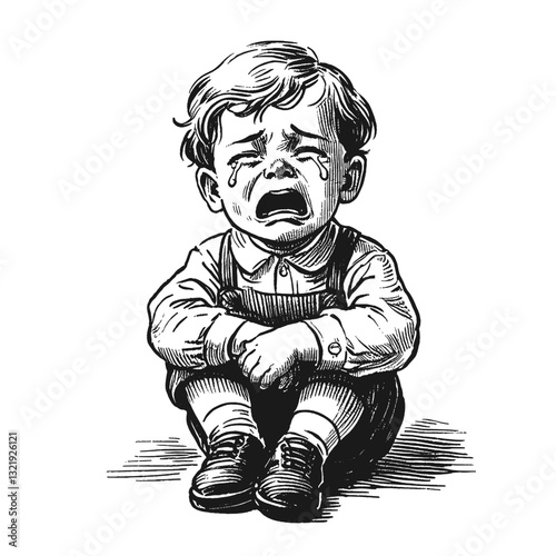 A young boy sitting on the floor cry little boy black and white line art drawing ink sketch sad vector hand drawn illustration background