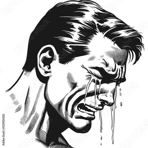 Emotional man shedding tears cry man black and white line art drawing ink sketch sad vector hand drawn illustration background