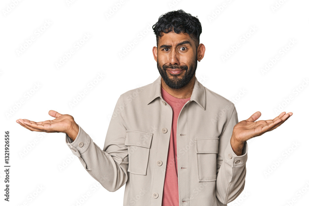 Young Hispanic man isolated doubting and shrugging shoulders in questioning gesture. Young Hispanic man isolated doubting and shrugging shoulders in questioning gesture.