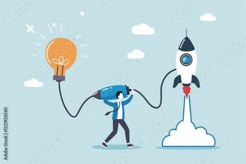 Entrepreneur business idea creating startup company, start new business with creativity, innovation, company founder, inventor or development, businessman connect lightbulb idea with launching rocket.