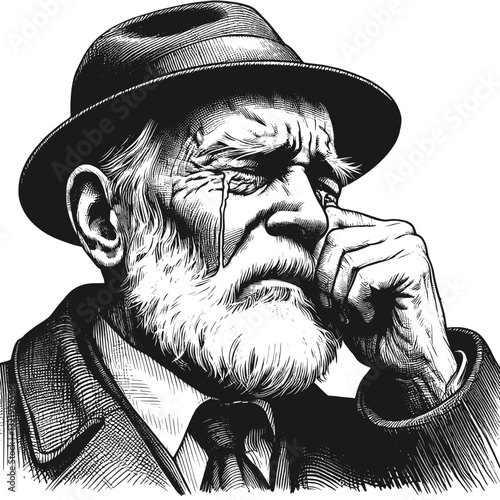 Senior man overcome with emotion cry old man black and white line art drawing ink sketch sad vector hand drawn illustration background