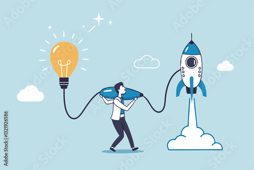 Entrepreneur business idea creating startup company, start new business with creativity, innovation, company founder, inventor or development, businessman connect lightbulb idea with launching rocket.