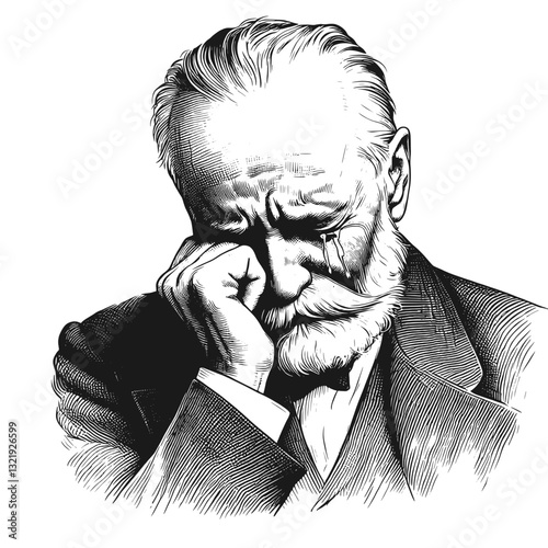Elderly man with tears streaming down his face cry old man black and white line art drawing ink sketch sad vector hand drawn illustration background