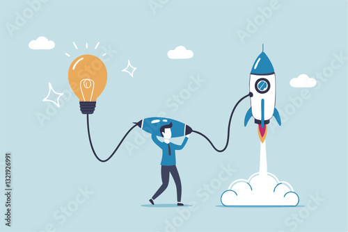 Entrepreneur business idea creating startup company, start new business with creativity, innovation, company founder, inventor or development, businessman connect lightbulb idea with launching rocket.