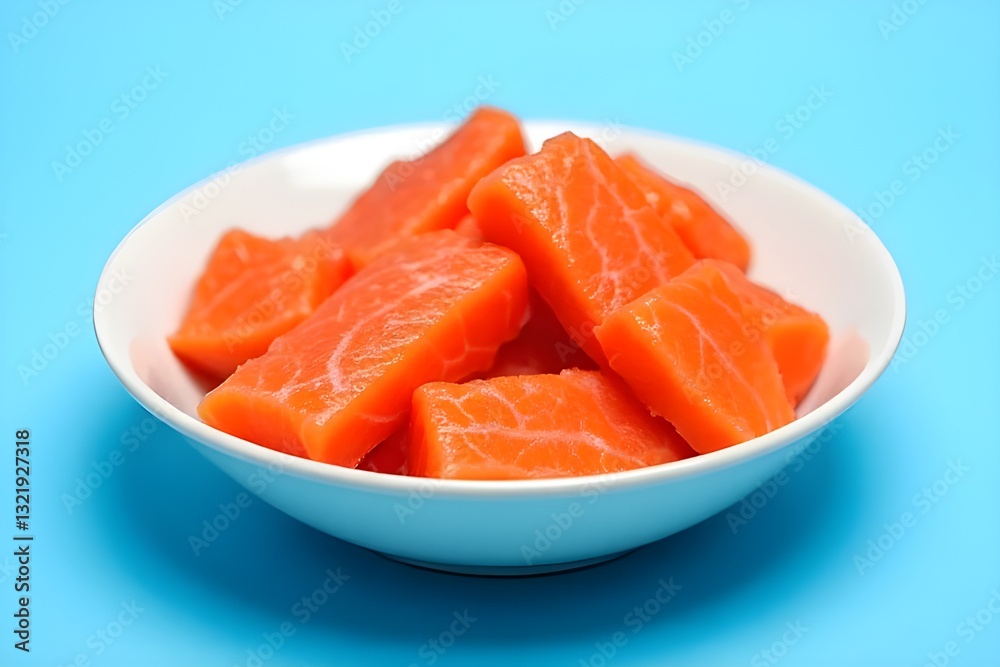 Fresh Salmon Slices in White Bowl on Blue Background Fresh Salmon Slices in White Bowl on Blue Background