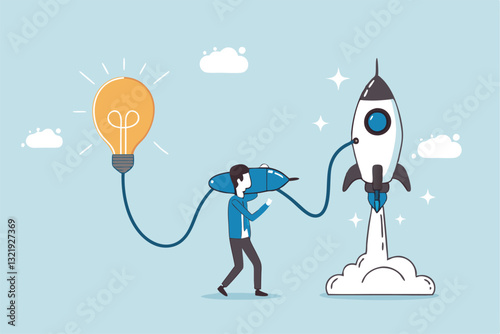Entrepreneur business idea creating startup company, start new business with creativity, innovation, company founder, inventor or development, businessman connect lightbulb idea with launching rocket.