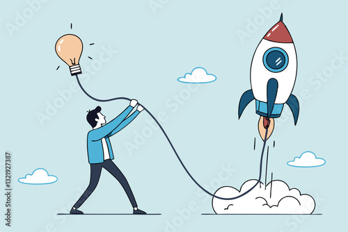 Entrepreneur business idea creating startup company, start new business with creativity, innovation, company founder, inventor or development, businessman connect lightbulb idea with launching rocket.