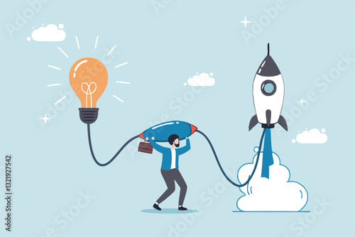 Entrepreneur business idea creating startup company, start new business with creativity, innovation, company founder, inventor or development, businessman connect lightbulb idea with launching rocket.
