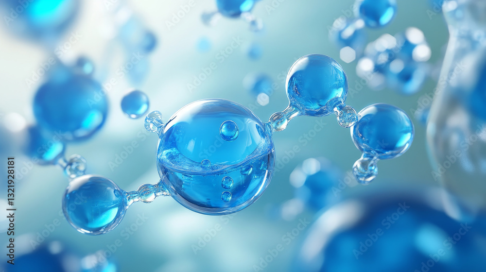 Hyaluronic acid molecules. Hydrated chemicals, molecular structure and blue spherical molecule. Microscope h2o water molecules, hyaluron acides in chemical laboratory 3d illustration Hyaluronic acid molecules. Hydrated chemicals, molecular structure and blue spherical molecule. Microscope h2o water molecules, hyaluron acides in chemical laboratory 3d illustration