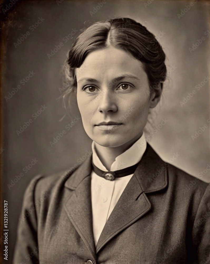 Obraz premium Vintage photo woman doctor in a sepia portrait, showcasing a determined expression and historical attire.