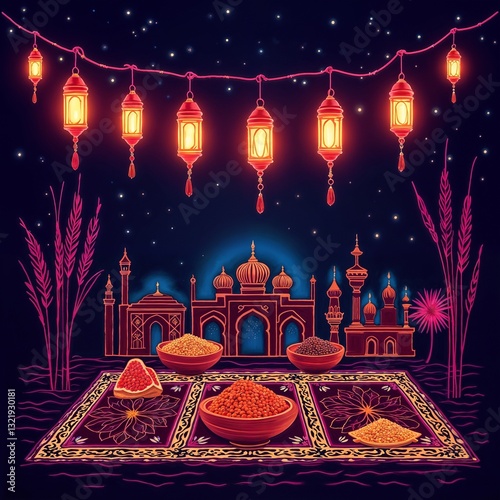 Spices Mosque Night Lanterns with Copy Space