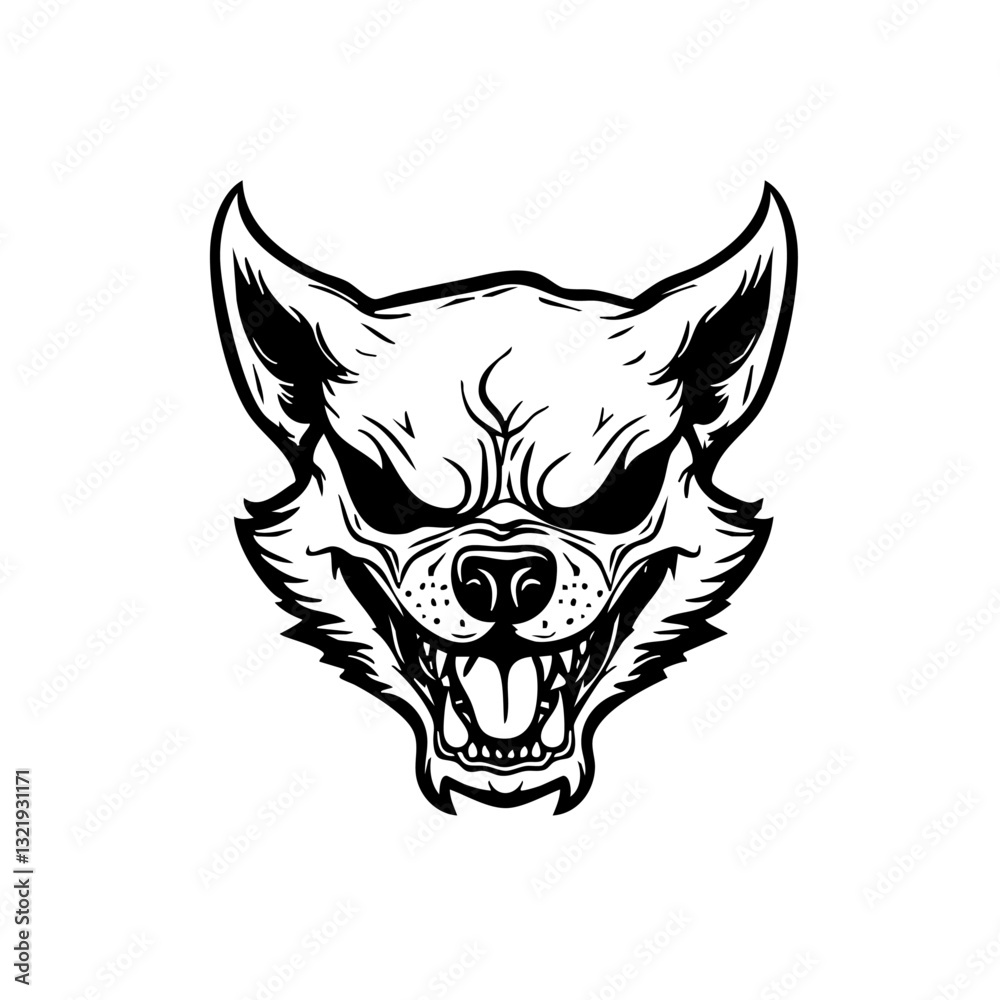 Obraz premium Ferocious wild beast, aggressive snarling wolf or hyena head illustration