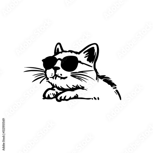 Happy cool cat with sunglasses, fun hand-drawn doodle illustration