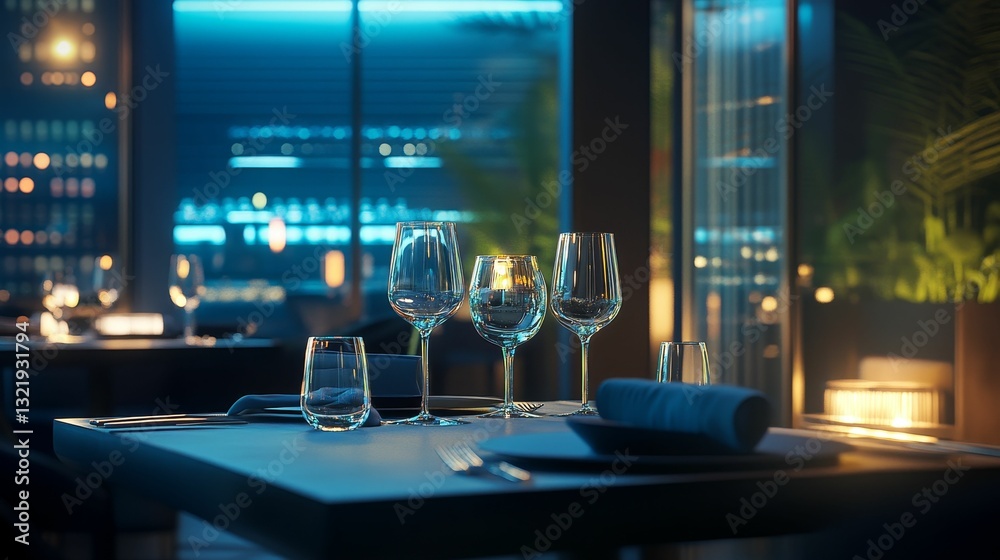 Elegant restaurant table setting with soft lighting. Elegant restaurant table setting with soft lighting.