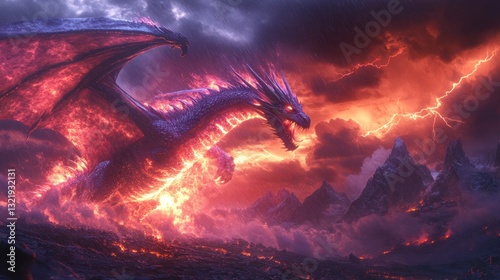 Fiery Dragon Soaring Through a Volcanic Storm