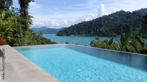 A pool with a view of a lake and mountains. The pool is surrounded by trees and a potted plant