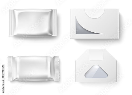 Set white soap packaging. Blank empty and packet. Box for cosmetic and wet napkins. Antibacterial hygiene product, washing body care, rectangular mockup template. Vector isolated 3d object
