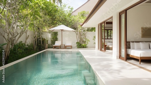 Wallpaper Mural A large white house with a pool and a white umbrella. The pool is surrounded by trees and the house has a lot of windows Torontodigital.ca