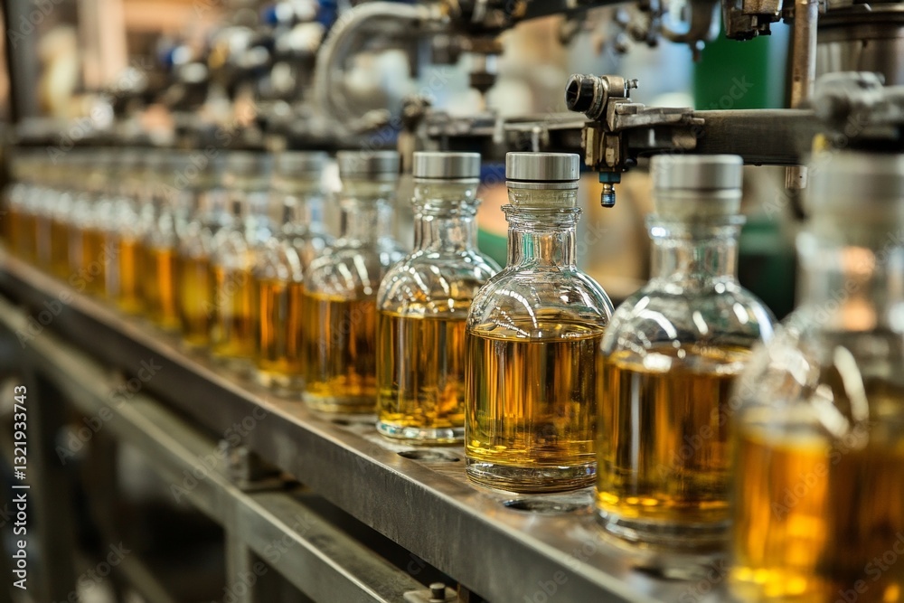 Glass bottle production line in beverage factory with filled liquid containers Glass bottle production line in beverage factory with filled liquid containers