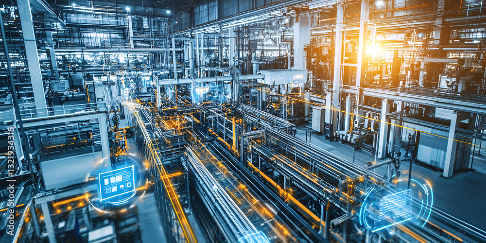 Fototapeta premium High-tech smart factory with automated robotic arms and advanced production lines, Digital industrial automation in modern factory setting