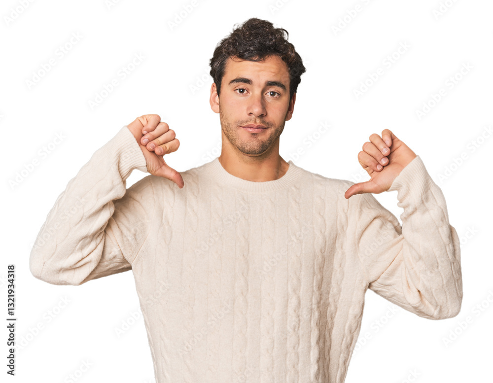 Young Hispanic man in studio feels proud and self confident, example to follow.