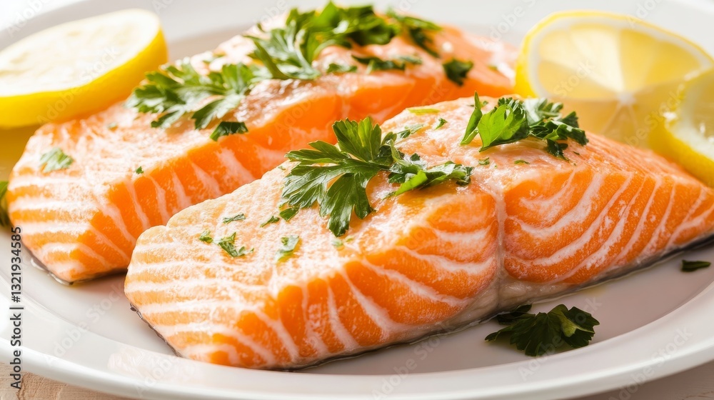 Fresh Salmon Fillets with Lemon Wedges and Green Herbs Garnish Fresh Salmon Fillets with Lemon Wedges and Green Herbs Garnish