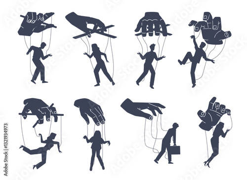 Set silhouettes human manipulator arms. Manipulating process. Hand hold marionettes with strings, men and women domination. Abuse metaphor. Freedom concept. Vector isolated illustration