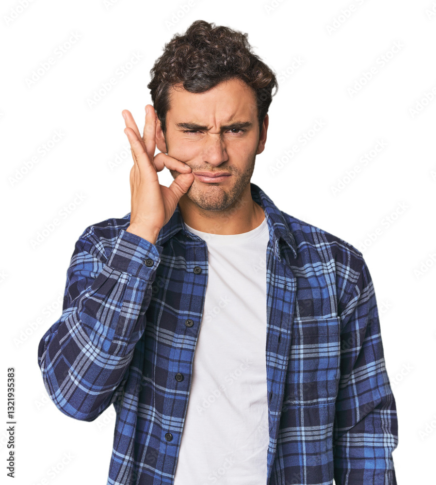 Young Hispanic man in studio with fingers on lips keeping a secret. Young Hispanic man in studio with fingers on lips keeping a secret.
