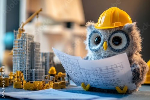 Adorable owl architect with blueprint and construction toys