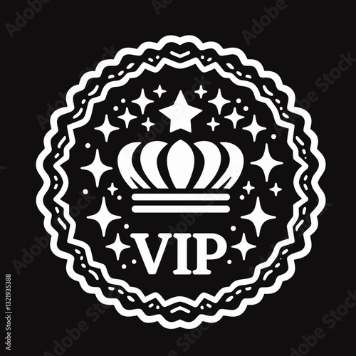 White VIP badge with crown motif on black background. Monochrome emblem for royalty-level service, premium membership status, exclusive access permissions.